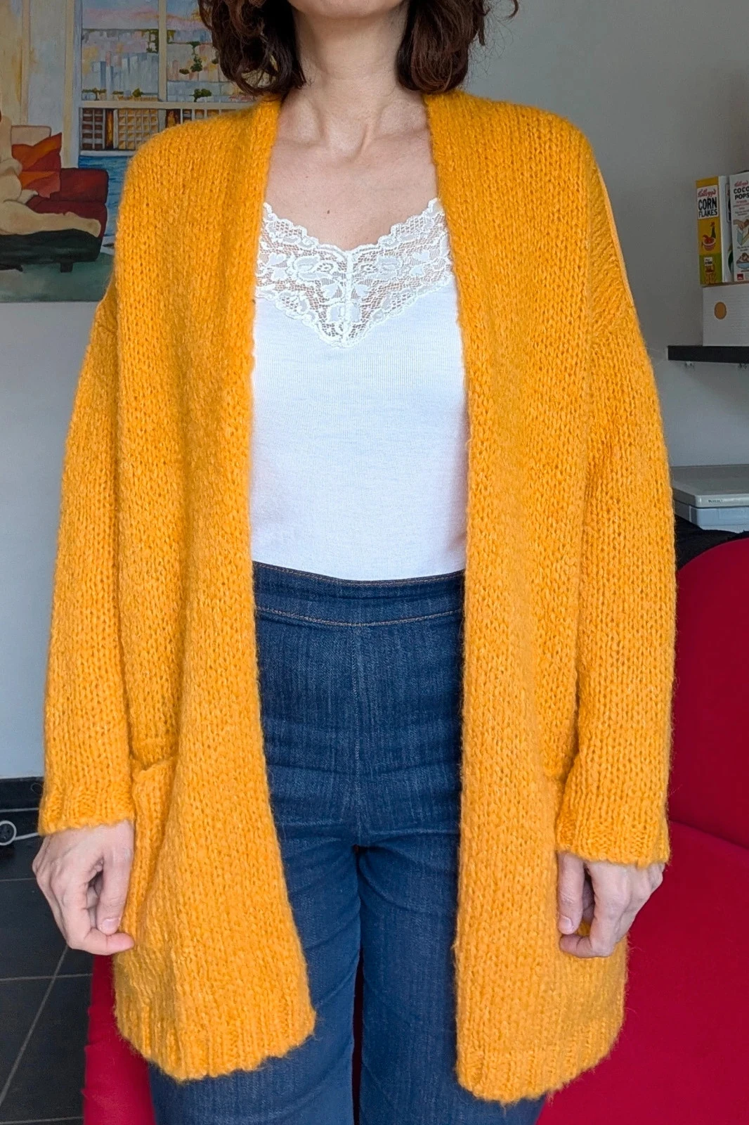 Tricot large bohème jaune laine bohème